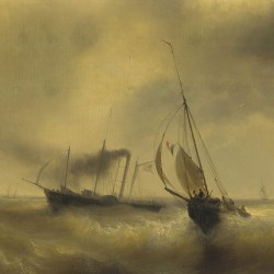 A paddle steamer passing a French fishing vessel in rough waters